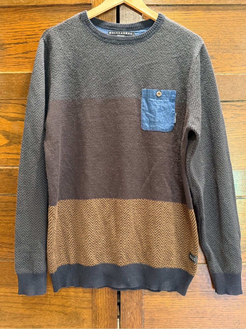 Billabong large wool blend Color-block Crewneck elbow patches chevron nuetrals